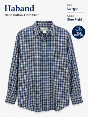 Haband Men's Blue Plaid Western Button Front Shirt Large Long Sleeve